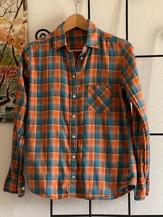 Tops - Women’s 90s Style Orange and Blue Cabincore, Plaid Flannel Shirt, Size Small